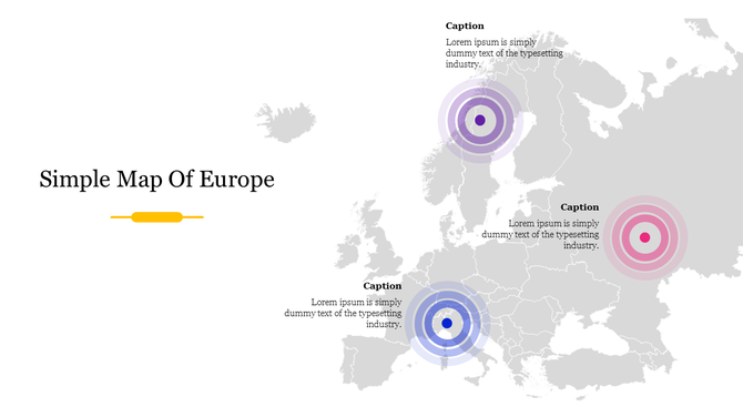 Map of Europe with three colorful target markers and placeholder text areas placed in a white backdrop.