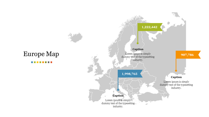 Europe map slide with markers showing data points for different regions, accompanied by captions for each area.