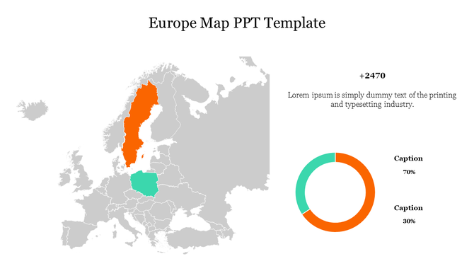 Europe map with highlighted countries in orange and green, paired with a circular chart on the right.