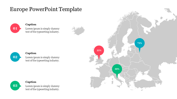 Europe map template showing percentages for different colored regions, with captions for each section on a white backdrop.
