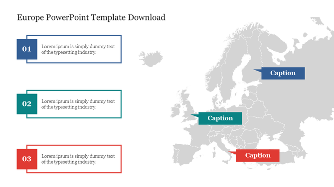 Europe map slide with three colored labels pointing to countries and matching numbered text boxes in blue, teal, and red.