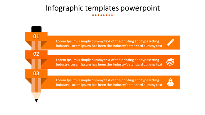 Infographic with a pencil design dividing three orange sections, each with a number, text, and an icon on the right.