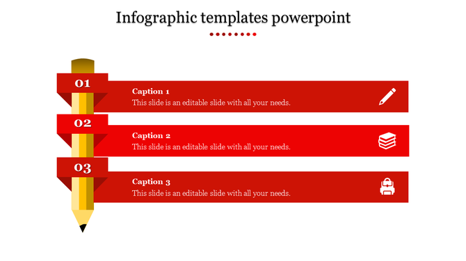 Red themed infographic slide with three numbered sections for captions, each with corresponding icons.