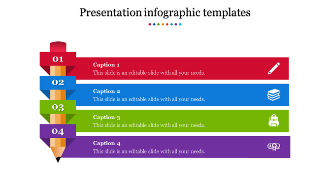 Infographic template featuring a stacked pencil design with red, blue, green, and purple sections and captions.