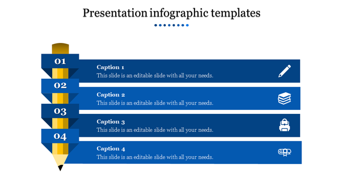 Infographic slide with a pencil shaped design dividing four blue sections, each numbered and paired with icons and captions.