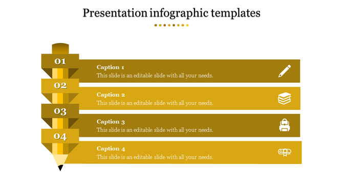 Four step infographic with gold sections forming a pencil shape linked to captions areas and icons.