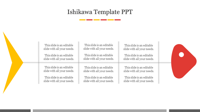 Slide featuring a fishbone design with a red arrowhead, gray dividers with six text areas, and a yellow tail shape.