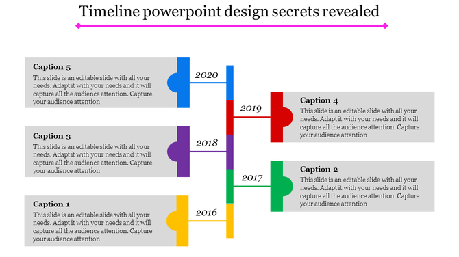 Timeline slide featuring a central vertical line with five colorful sections for years 2016 to 2020, paired with text boxes.