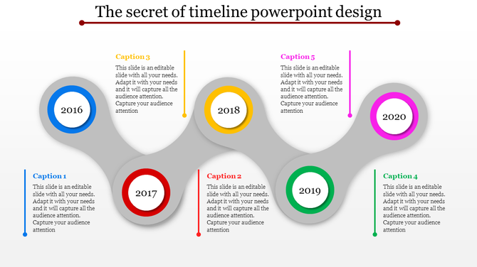 Timeline design with five colorful circular nodes labeled 2016 to 2020, connected by a curved gray path.
