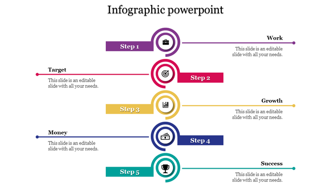 Five step infographic showcasing work, target, growth, money, and success with colorful circular icons and horizontal layout.