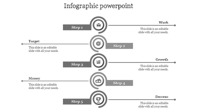Five step infographic showcasing work, target, growth, money, and success with gray circular icons and horizontal layout.