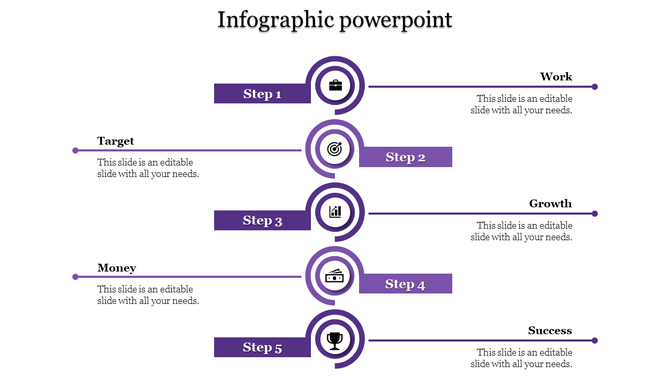 Five step infographic showcasing work, target, growth, money, and success with purple circular icons and horizontal layout.