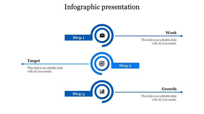 Three step infographic template with blue accents, icons for work, target, and growth, and descriptive text areas.
