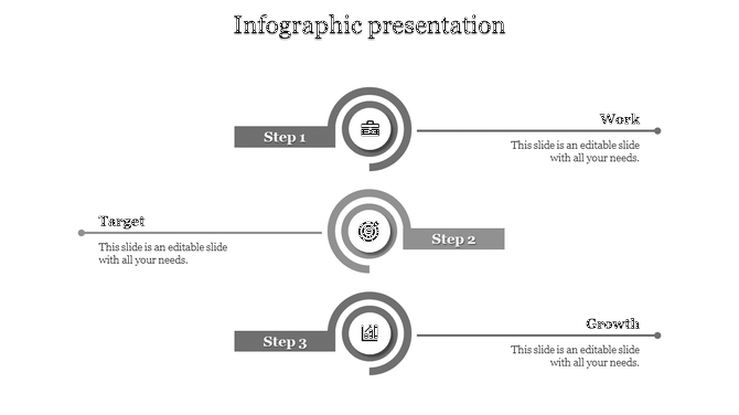 Minimalistic infographic with gray circular icons and steps labeled 1 to 3, with descriptive captions.