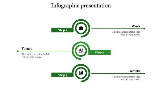 Three step green infographic with circular icons and horizontal connectors for Work, Target, and Growth.