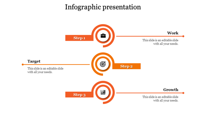 Three step infographic template with orange accents, icons for work, target, and growth, and descriptive text areas.