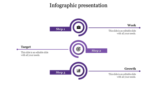 Clean infographic design showing three steps with circular icons, in horizontal alignment with purple tones.