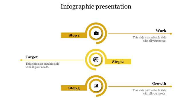 Three step infographic template with yellow accents, icons for work, target, and growth, and descriptive text areas.