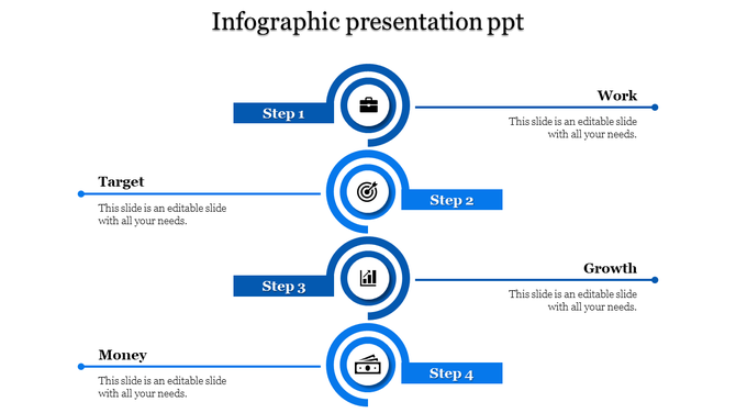 Infographic with circular blue steps labeled work, target, growth, and money connected by lines placed in a white background.