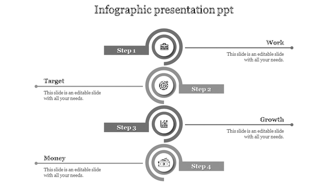 Infographic presentation slide with a four step vertical layout work, target, growth, and money, linked by gray circles.