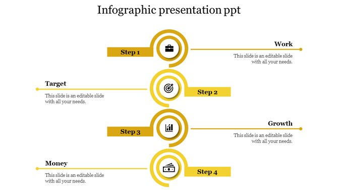 Infographic presentation slide with a four step vertical layout work, target, growth, and money, linked by yellow circles.