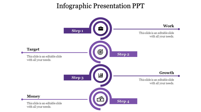 Infographic timeline with four purple circular steps labeled as work, target, growth, and money placed in a white backdrop.