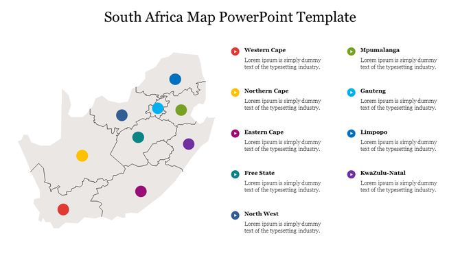 South Africa map with color-coded markers, including Mpumalanga and North West, listed with caption areas.