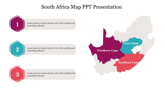 South Africa map with provinces Northern Cape in purple, Free State in blue, and Eastern Cape in teal, with captions.