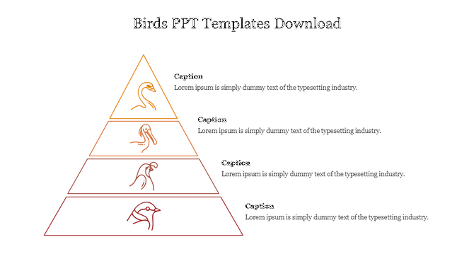 Four level pyramid with bird icons in orange gradient, each labeled with caption on the right.