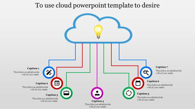 Infographic featuring a cloud with a lightbulb and seven colored lines leading to icons below, each with placeholder text.