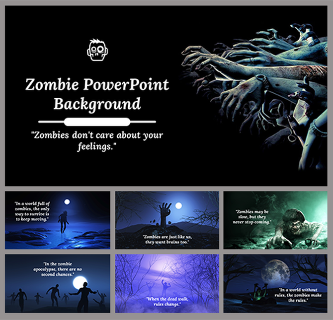 Set of slides with scenes of zombies and horror elements on a dark, spooky backgrounds.