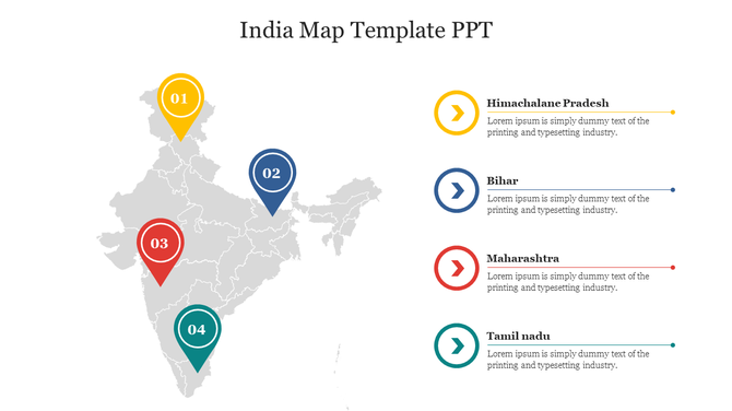 Map of India showing four colored markers for different states, with state names and colored arrows on the right.