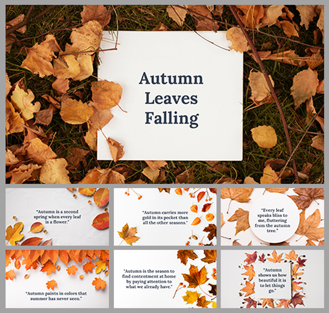 Autumn themed slides with fallen leaves surrounding text areas, featuring quotes about the beauty of the fall season.