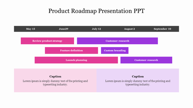 Product roadmap slide with a dark gray timeline, featuring pink and purple task bars, and two caption sections at the bottom.