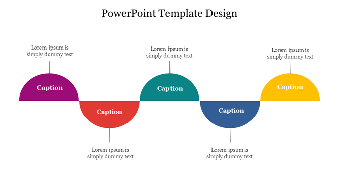 Infographic featuring a timeline of five labeled semicircles in alternating positions and different colors with dummy text.