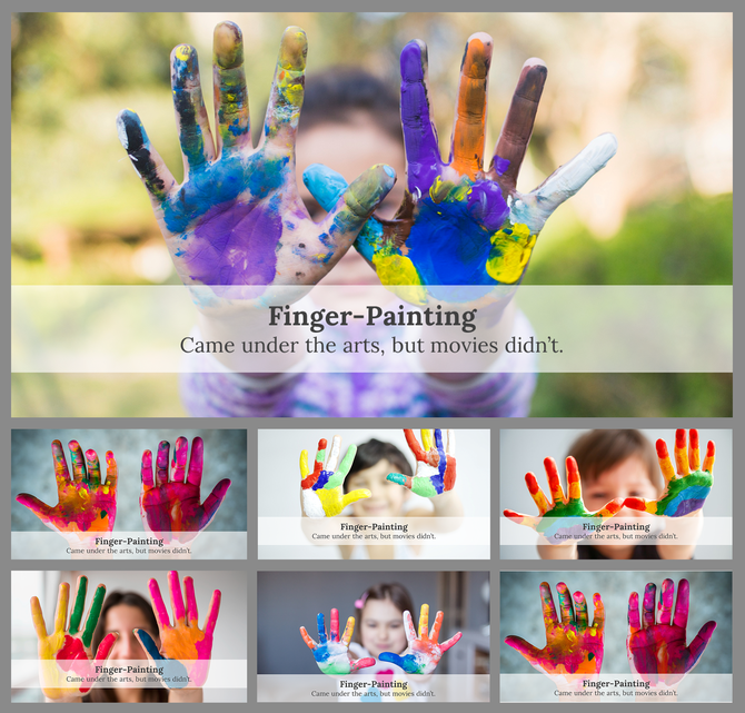 Slide deck focused on artistic finger painting, highlighting hands with bold paint colors against soft, blurred backgrounds.