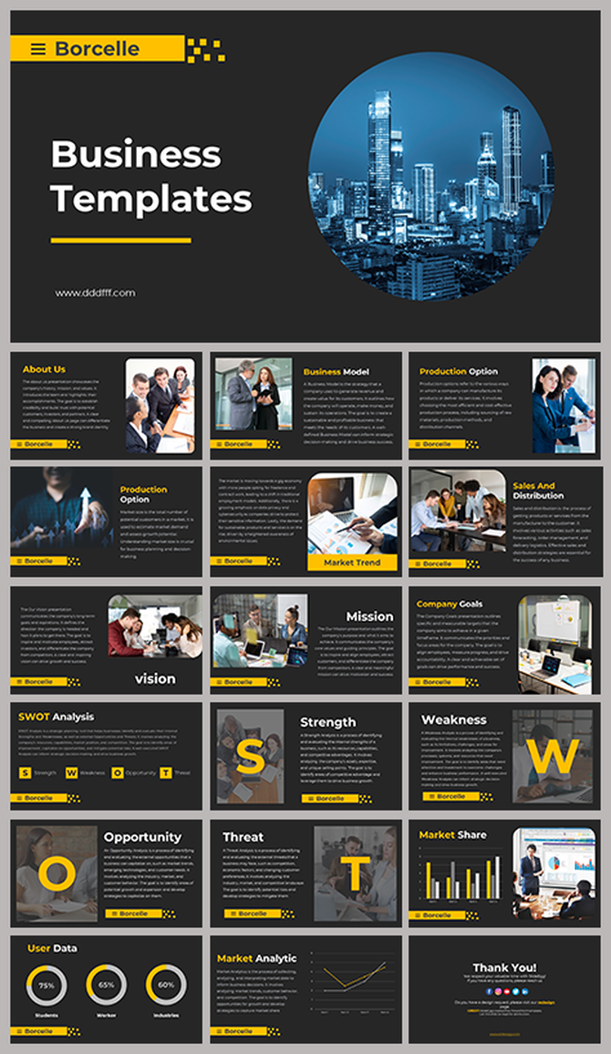 Business PPT showcasing multiple slides, including sections for business models, SWOT, and company goals on a black theme.