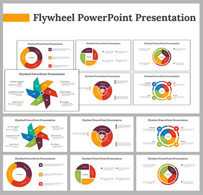 A pack of preview flywheel slides featuring various circular and segmented diagrams in different colors with placeholders.