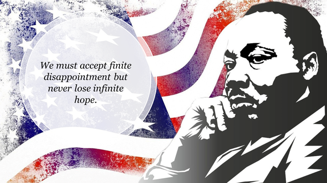 Slide with an artistic portrait of Martin Luther King and a circular text overlay on an abstract American flag pattern.