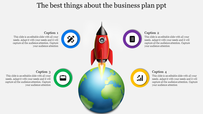A business slide with a rocket lifting off from Earth, surrounded by icons for connection, analysis, battery, and charts.