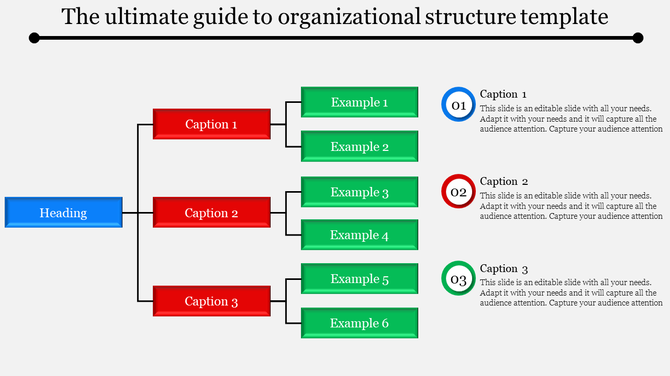 Organizational structure diagram with blue Heading, red captions, and green examples, branching into three levels.