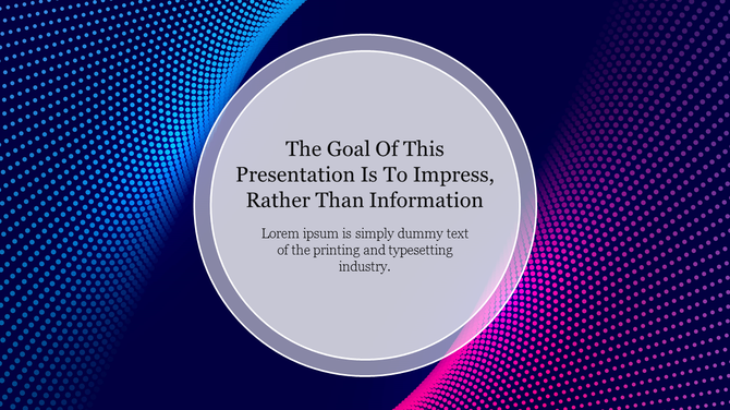 Slide with a circular text box on a dark background featuring blue and pink dotted wave patterns for a dynamic effect.