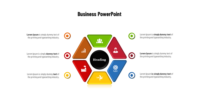 Business slide with a central heading and icons for various business elements with placeholder text.