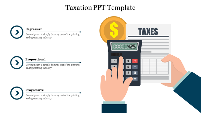 Slide displaying three types of taxes with placeholder text alongside an illustration of a person calculating taxes.