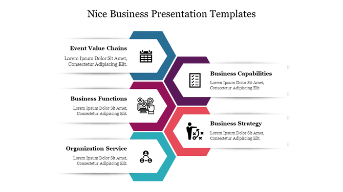 Infographic with interlinked hexagons in blue, pink, teal, purple, and orange, connecting text boxes with business icons.