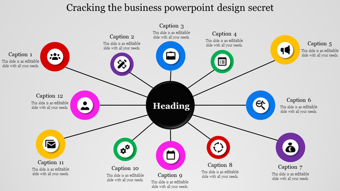 Business PowerPoint template featuring a central heading with 12 colorful icons and captions around it.