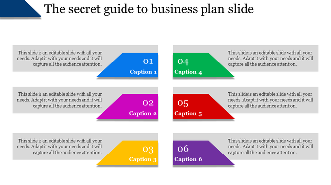 Business plan slide with six color coded sections and corresponding captions for each.