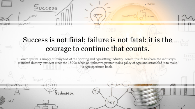 Inspirational quote slide with a glowing light bulb on the right and hand-drawn business icons in the background.