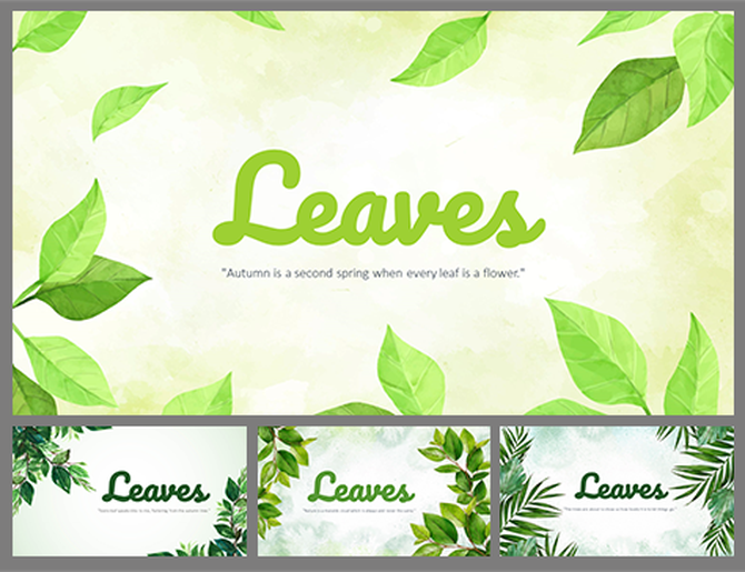 Nature themed slides with green leaves and the word in large text, surrounded by leaf illustrations.