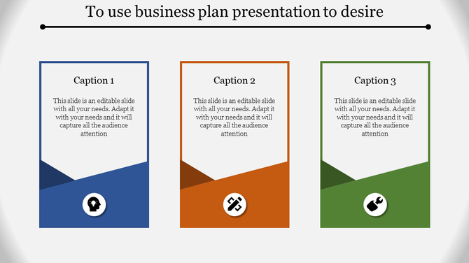 Business plan slide with three colored sections blue, each featuring a distinct icon at the bottom.